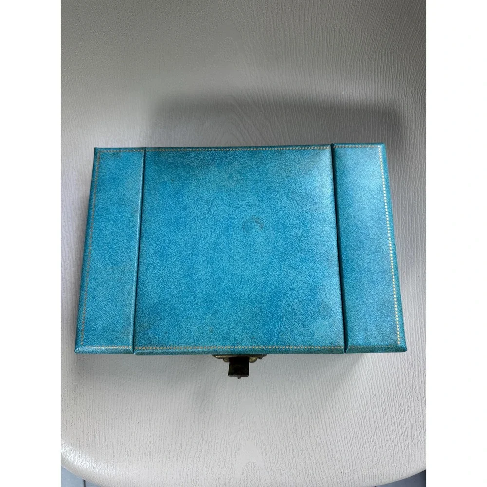 1950s Bond St. Blue Mid Century Folding Jewelry Box w Mirror Vintage Vanity Case